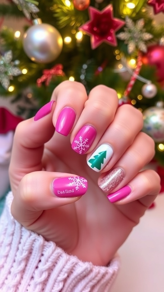 Pink Christmas Nail Art for 2025 Pink Christmas nail art with snowflakes and glitter on a festive background.